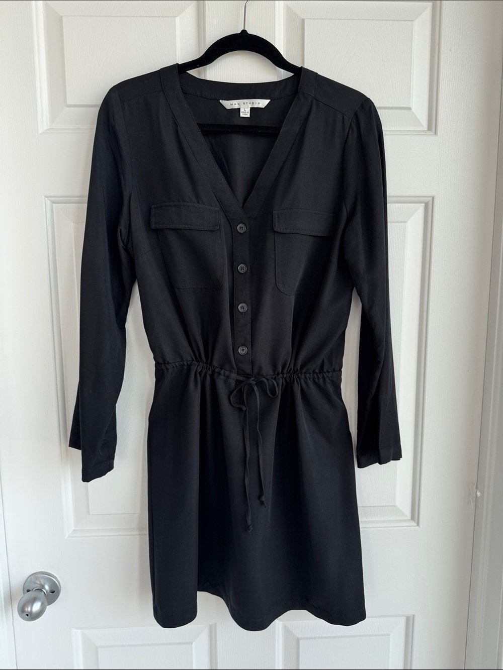 Max Studio Black Long-Sleeve Drawstring Shirt Dress